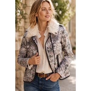 Elevenses Paisley Moto Jacket Women 8 Faux Fur Anthropologie Tapestry Zip Coat